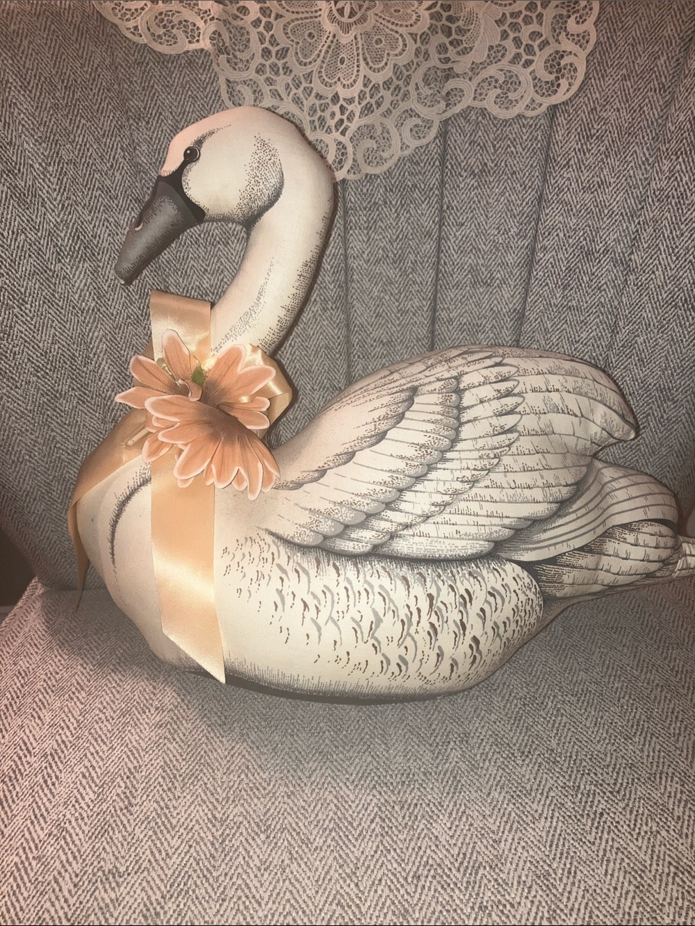 Cottagecore Swan Pillow Doorstop 20” x 14” hand sewn printed vtg design